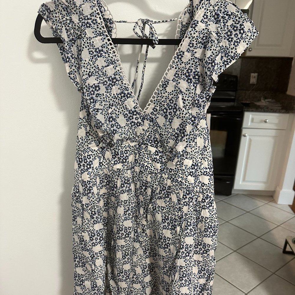 Anthropologie Blue Floral Mini Dress L Plunge V Neck Ruffle Tassel Tunic White